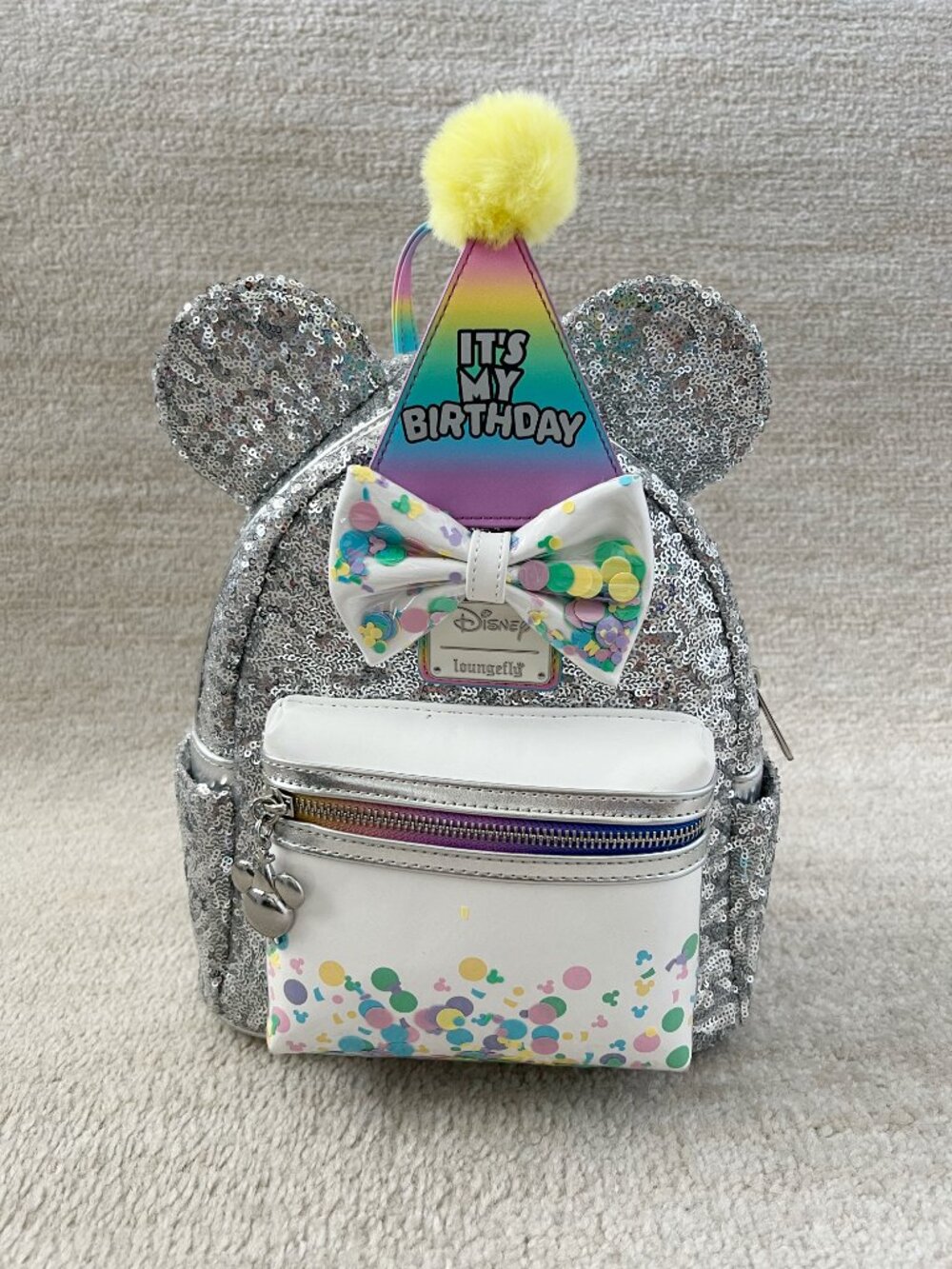 Loungefly Disney Mickey & Friends Birthday Silver Sequin Mini Backpack